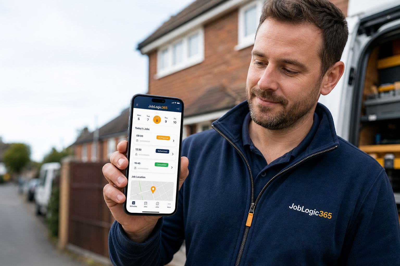 Tradesperson reviewing JobLogic365 on a mobile phone at a job site